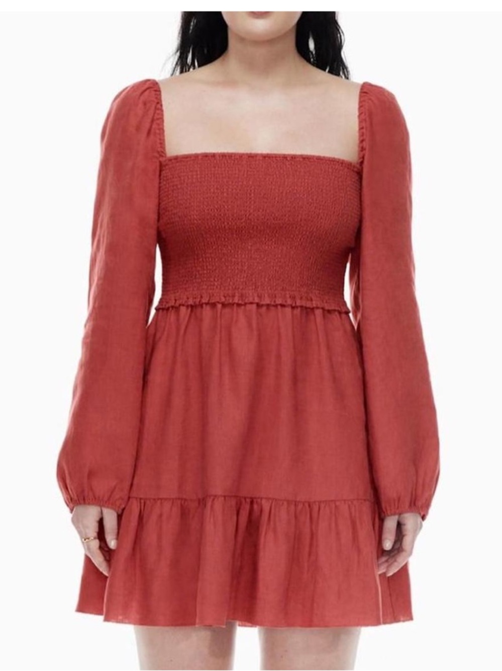 Aritzia Wilfred Rust Red Smocked Ruffle Mini Dress